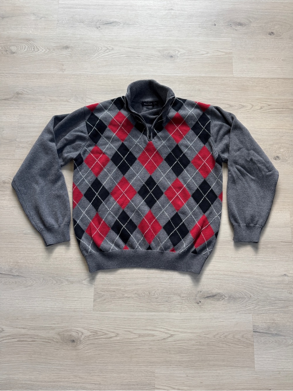 Nautica gray red black argyle cotton quarter zip sweater men’s size XL